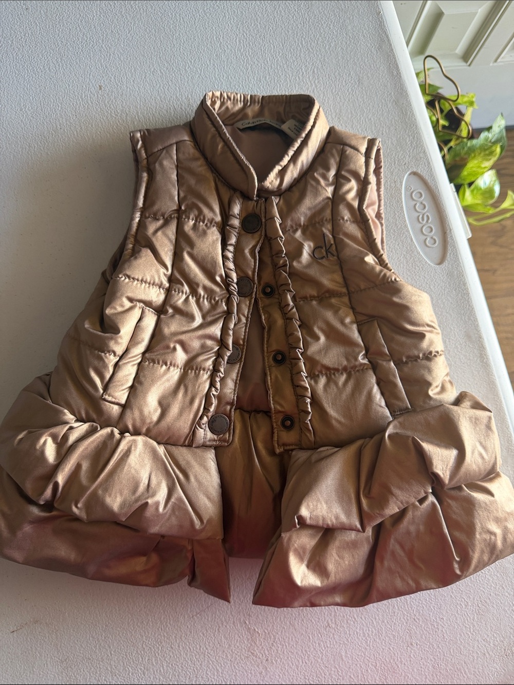 Calvin Klein Metallic Bronze Quilted Ruffle-Hem Vest